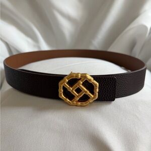 J. McLaughlin Reversible Dark Brown / Light Leather Belt with Gold Bamboo Buckle